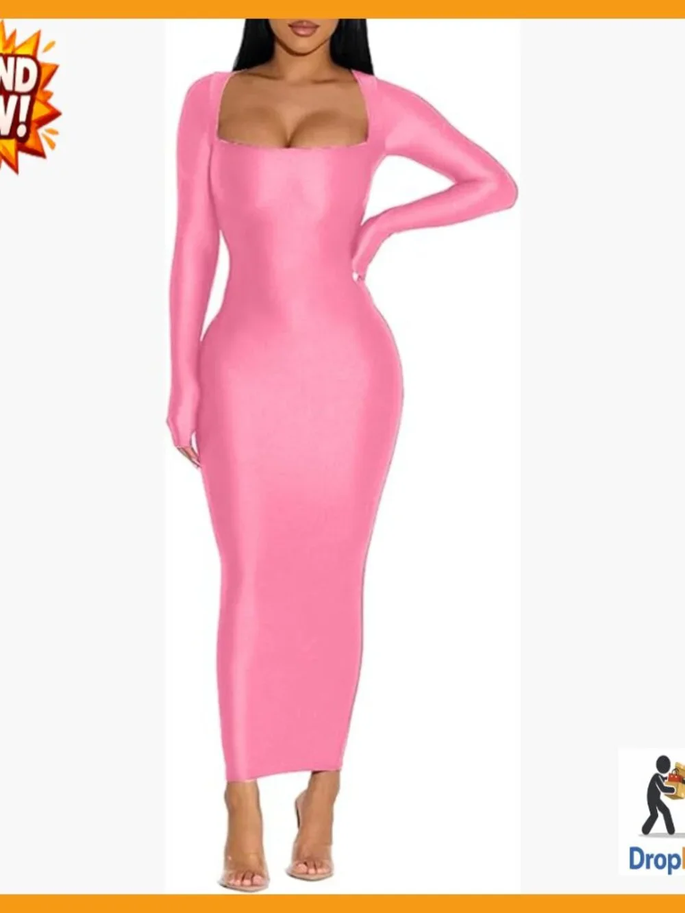 Bodycon Maxi Dress Long Sleeve Square Neck Y2K Chic Elegant Club Night Out - Picture 1 of 7